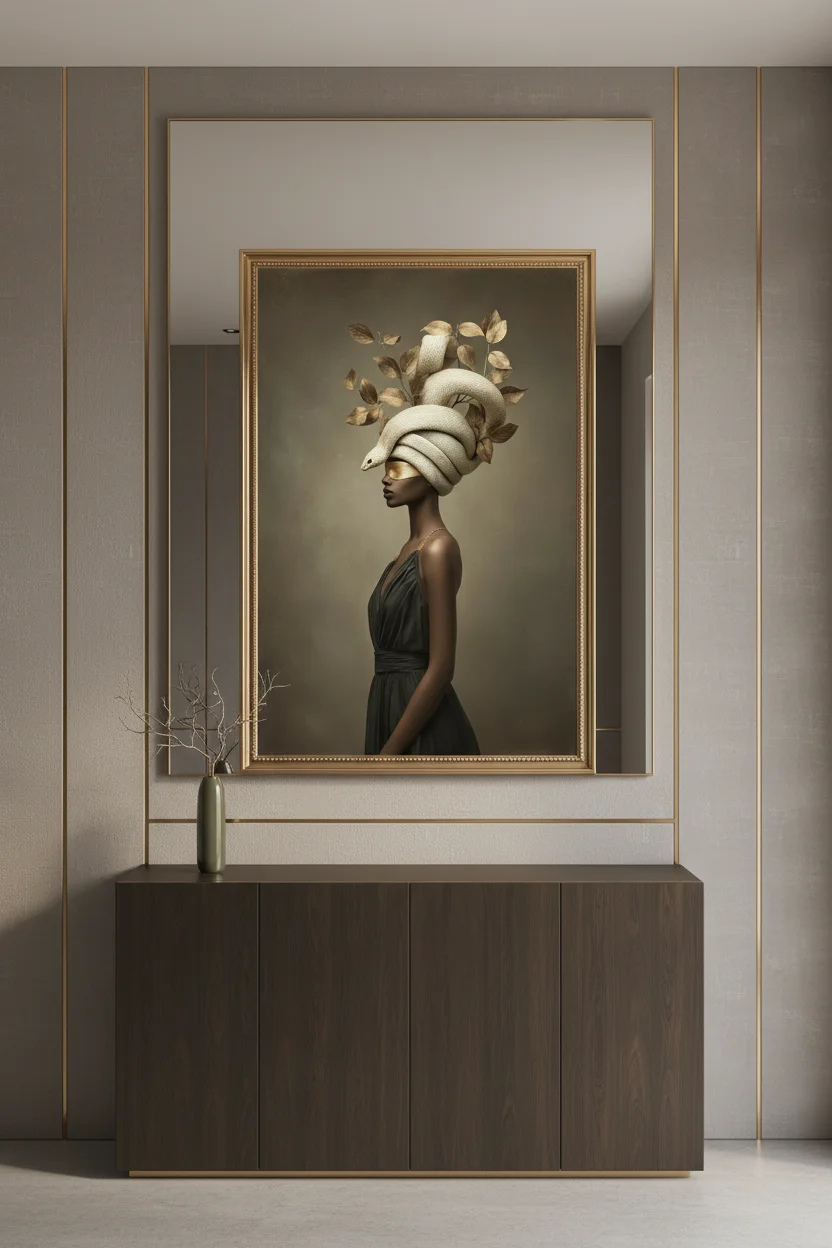 Жена с тъмна кожа в сиво-зелена рокля, с бяла змия увита като тюрбан и златна маска на очите, листа около главата, тъмен фон в бежово-кафяви тонове