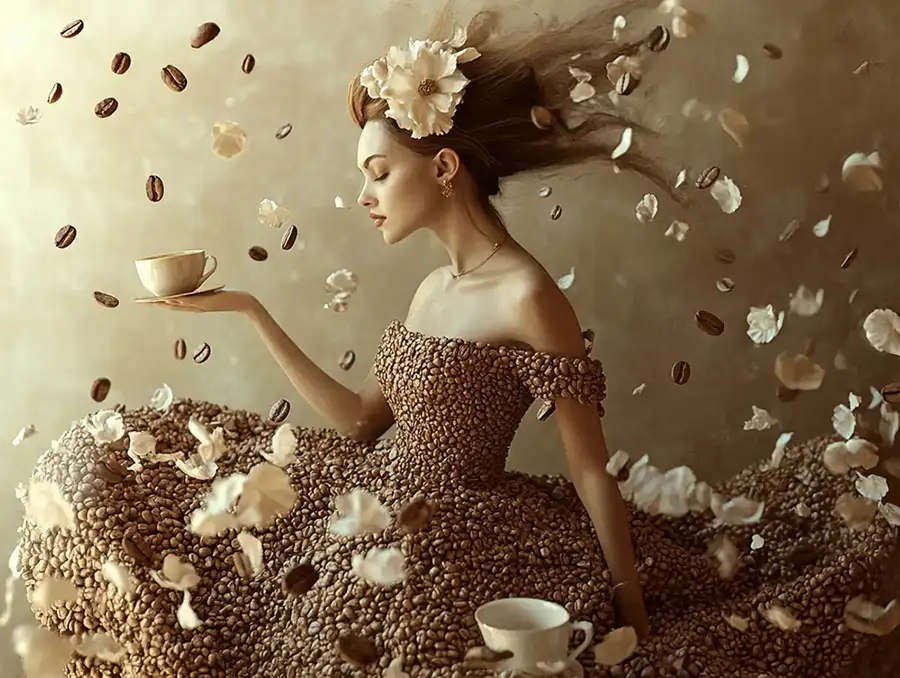 Принт за стена сюрреалистична жена в рокля от кафеени зърна, с летящи зърна и цветя в косата – ароматен мечтателен принт за стена