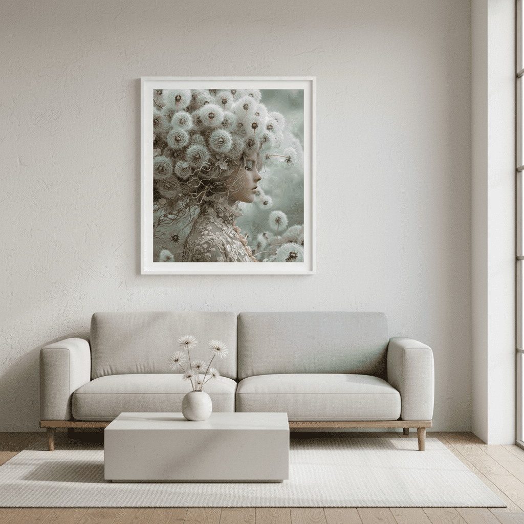 Тънка бяла рамка за картина окачена в изчистен светъл интериор