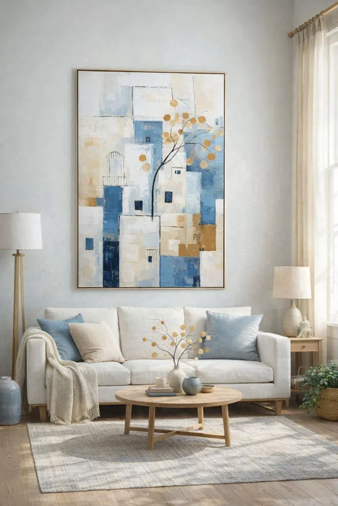 Размер на картина 100×140 см над диван в модерен хол – перфектен баланс