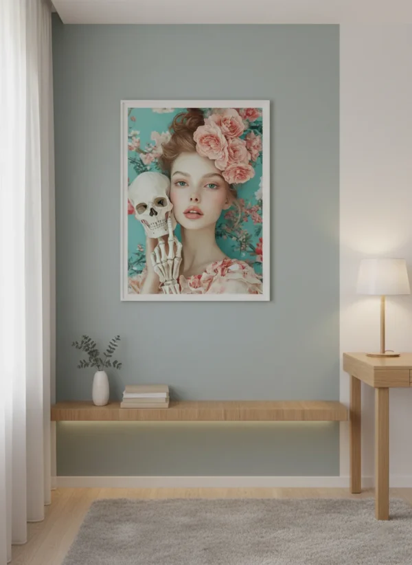Сюрреалистичен принт за стена с младо момиче с розови цветя в косата, държащо череп, на тюркоазен фон с флорални мотиви, пастелни тонове окачен в интериор