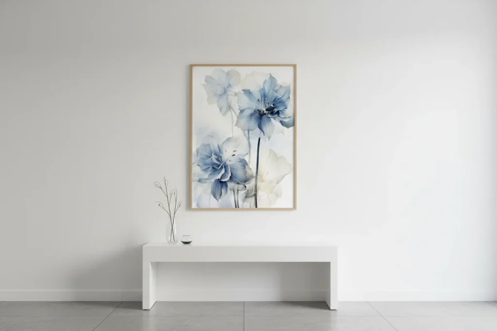 Минималистично изкуство с етерични сини цветя в мека акварелна техника