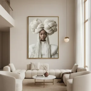 Сюрреалистичен принт за стена с жена с голяма корона от бели плетени топки и дълги плитки, кремав фон, текстурен портрет