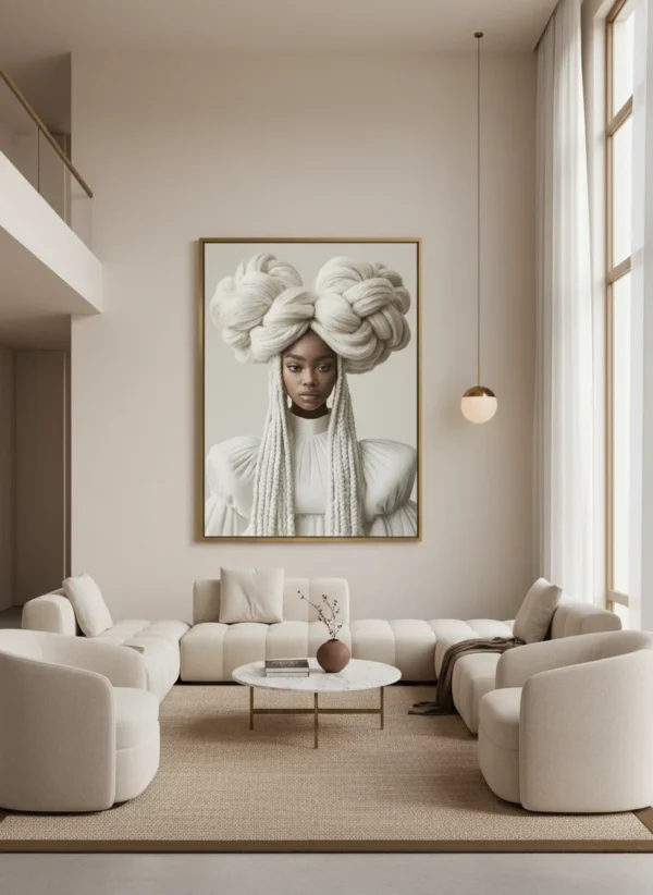 Сюрреалистичен принт за стена с жена с голяма корона от бели плетени топки и дълги плитки, кремав фон, текстурен портрет