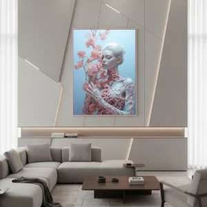 Сюрреалистичен принт за стена с бледа жена в розова органична мрежа и цъфнали рози, скелетна ръка, затворени очи, пастелен фон