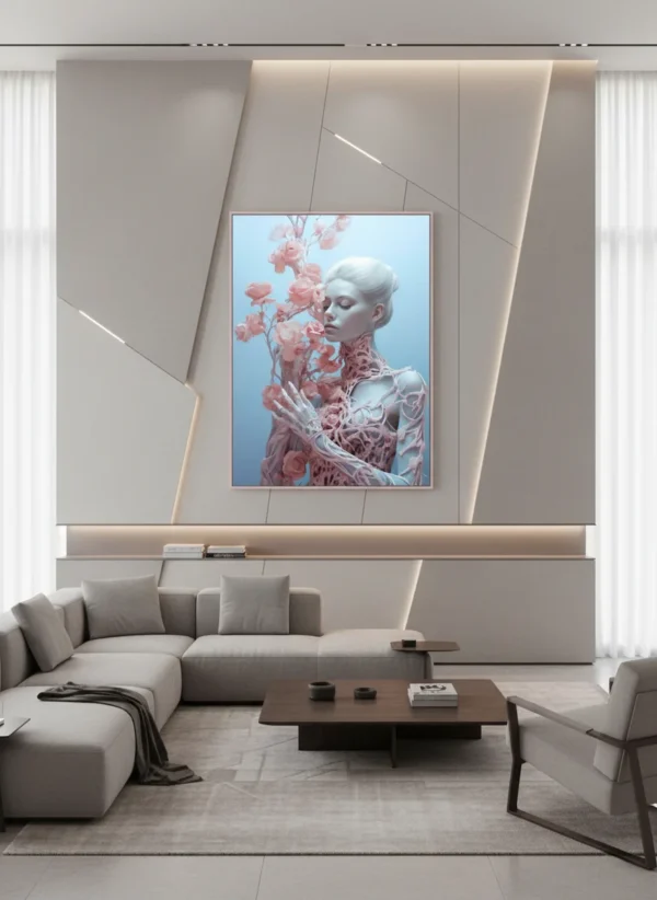 Сюрреалистичен принт за стена с бледа жена в розова органична мрежа и цъфнали рози, скелетна ръка, затворени очи, пастелен фон