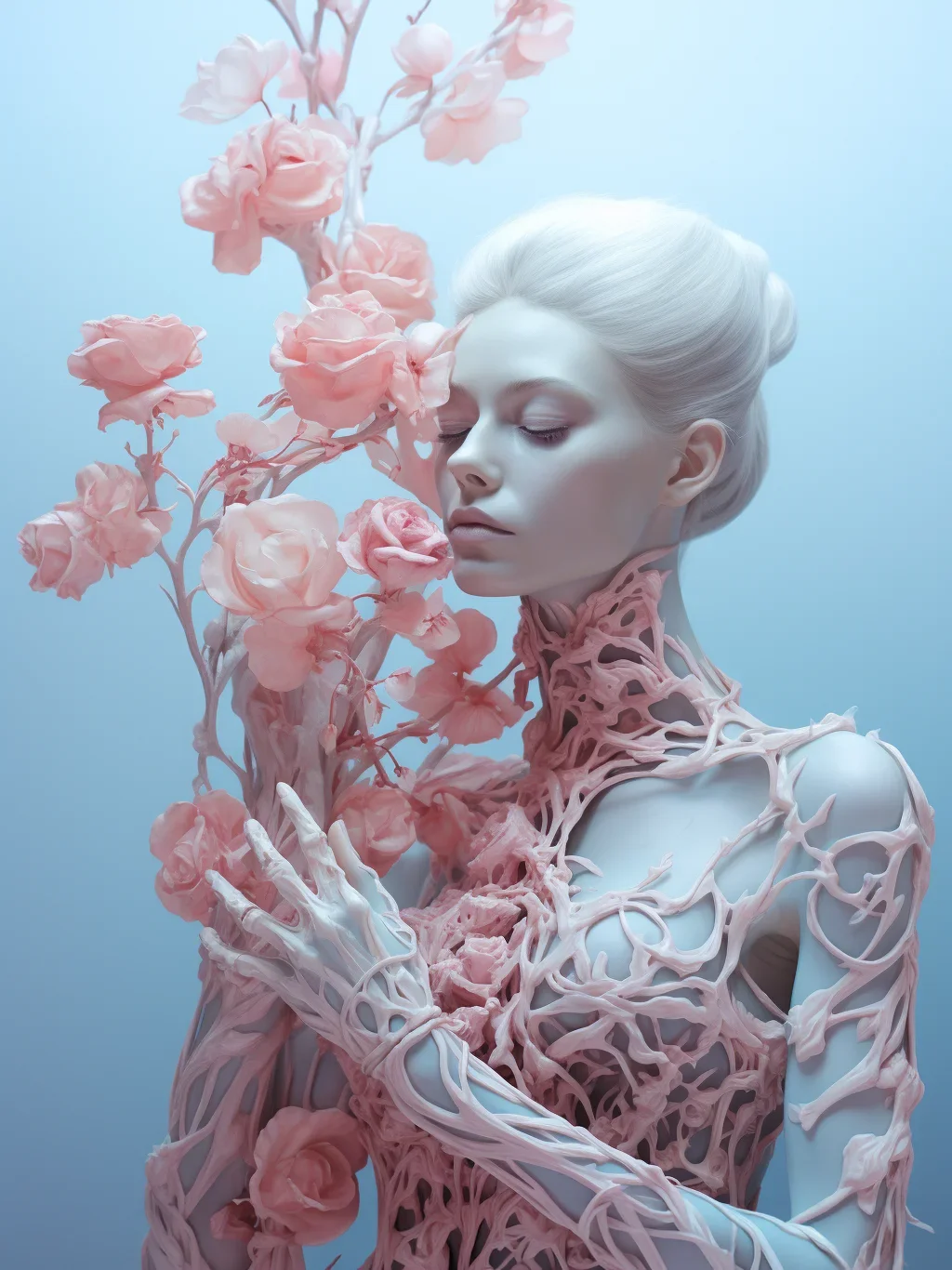 Сюрреалистичен принт за стена с бледа жена в розова органична мрежа и цъфнали рози, скелетна ръка, затворени очи, пастелен фон