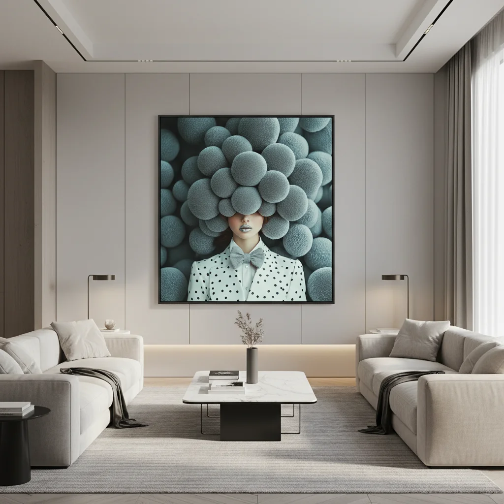 Сюрреалистичен принт за стена с жена в шапка от сиви сфери и точки, бял костюм с точки, графитена естетика