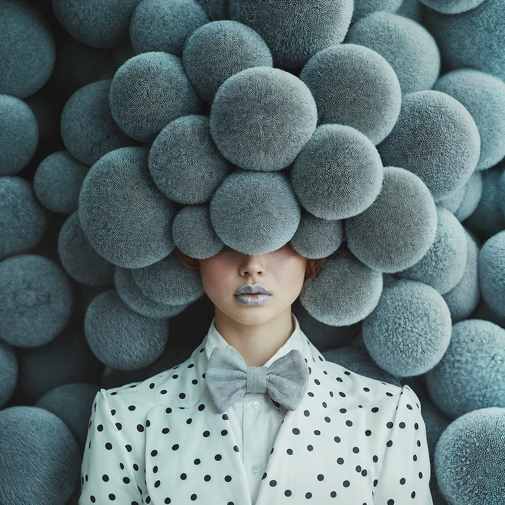 Сюрреалистичен принт за стена с жена в шапка от сиви сфери и точки, бял костюм с точки, графитена естетика