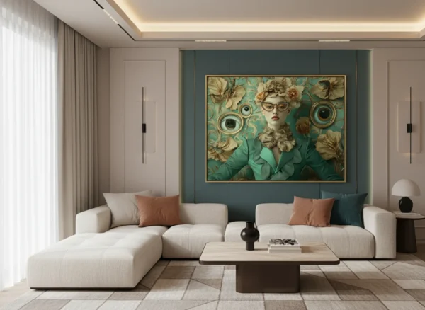 Сюрреалистичен принт за стена с елегантна жена в зелено сако, обградена от огромни очи, цветя, птица и златни орнаменти на тюркоазен фон показан в интериор