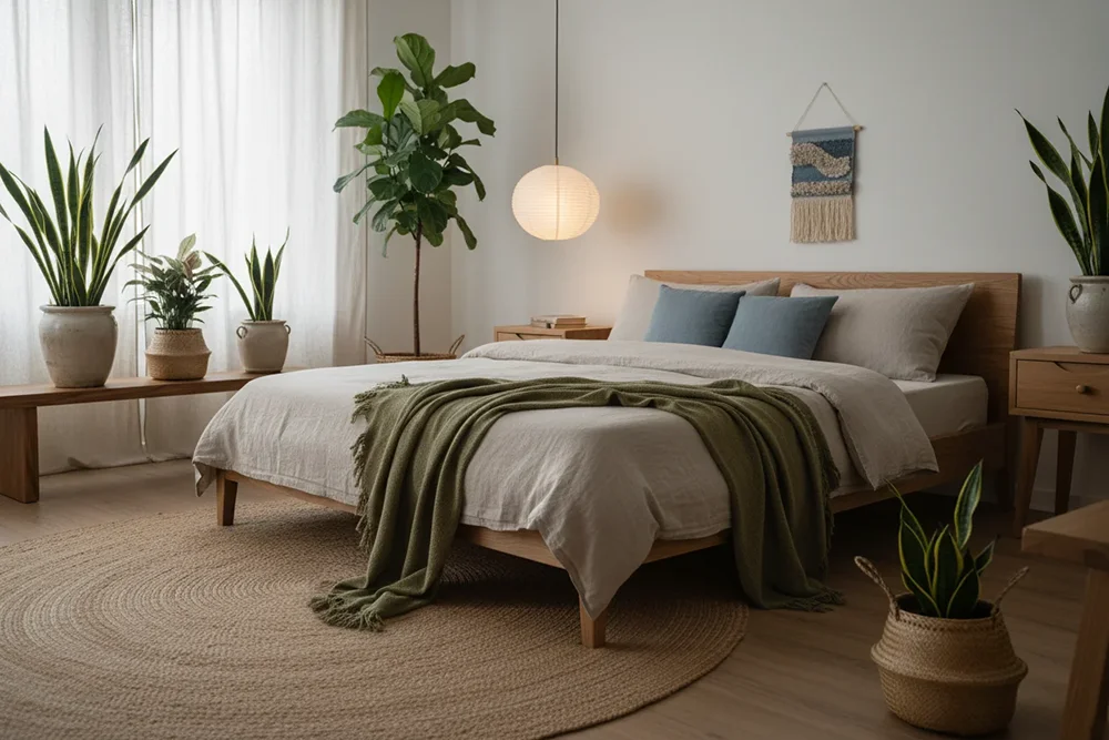 Japandi бохо спалня с изчистени линии, органични текстури и спокойни тонове