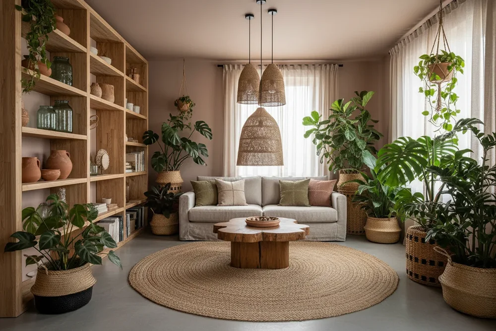 Устойчив бохо интериор 2026 с сурово дърво, растения и плетени детайли