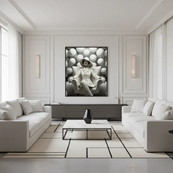 принт за стена с жена в бял костюм и шапка, седнала сред море от бели сфери, монохромна естетика