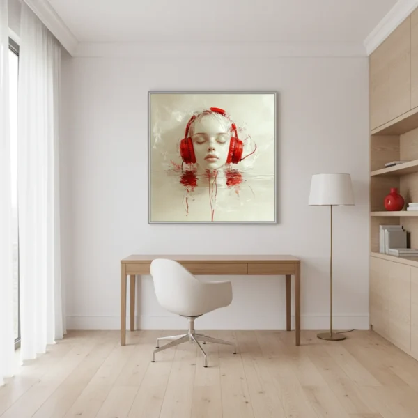 Сюрреалистичен принт за стена с момиче с червени слушалки, потопено в червена вода и пръски, затворени очи, музикална фантазия