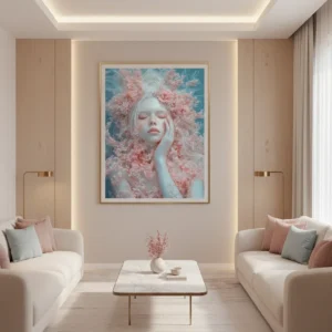 принт за стена с бледо момиче в розови хризантеми и цветя, затворени очи, тюркоазен фон, пастелна фантазия