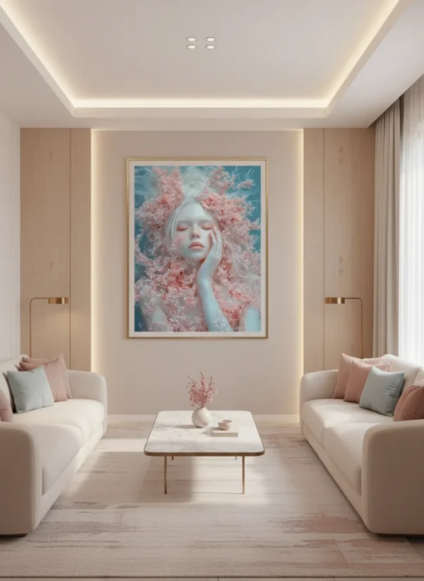 принт за стена с бледо момиче в розови хризантеми и цветя, затворени очи, тюркоазен фон, пастелна фантазия