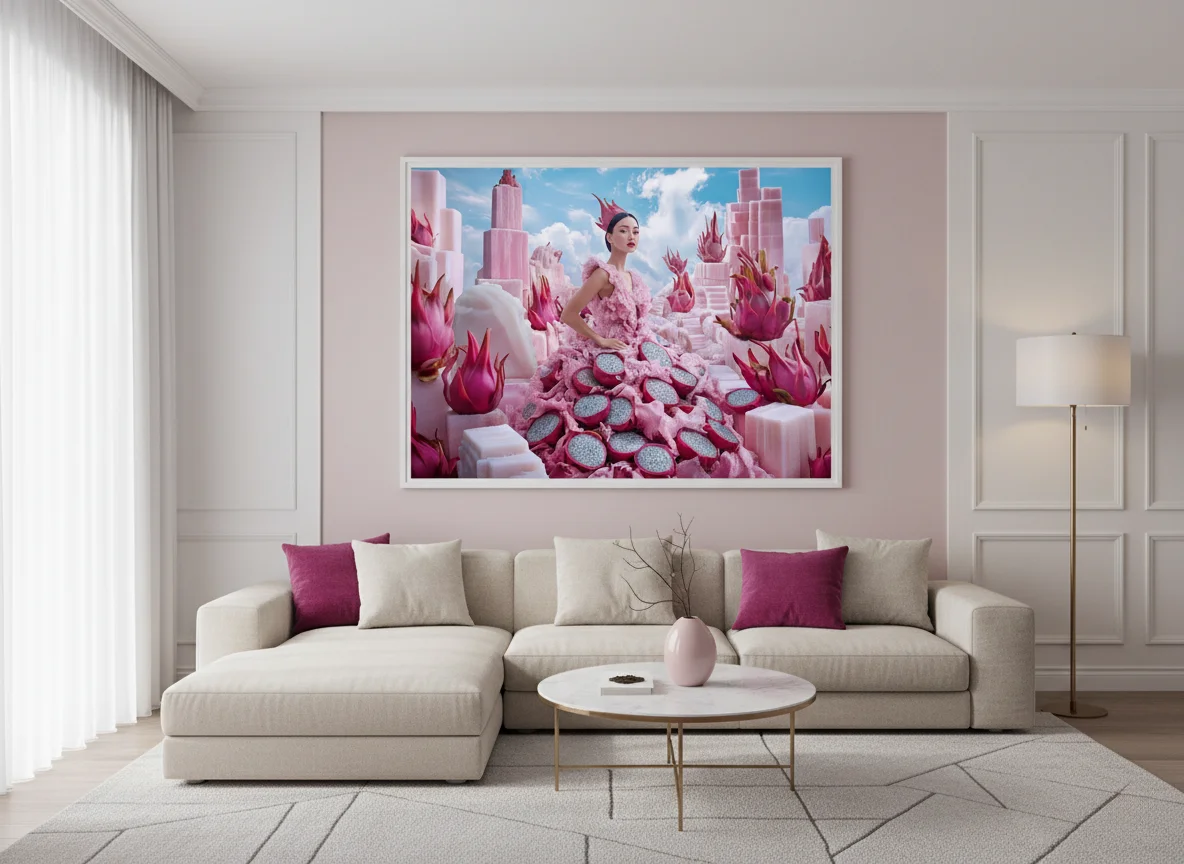 Сюрреалистичен принт за стена с азиатска жена в рокля от розови драконови плодове, заобиколена от плодове и захарни кубчета на синьо небе