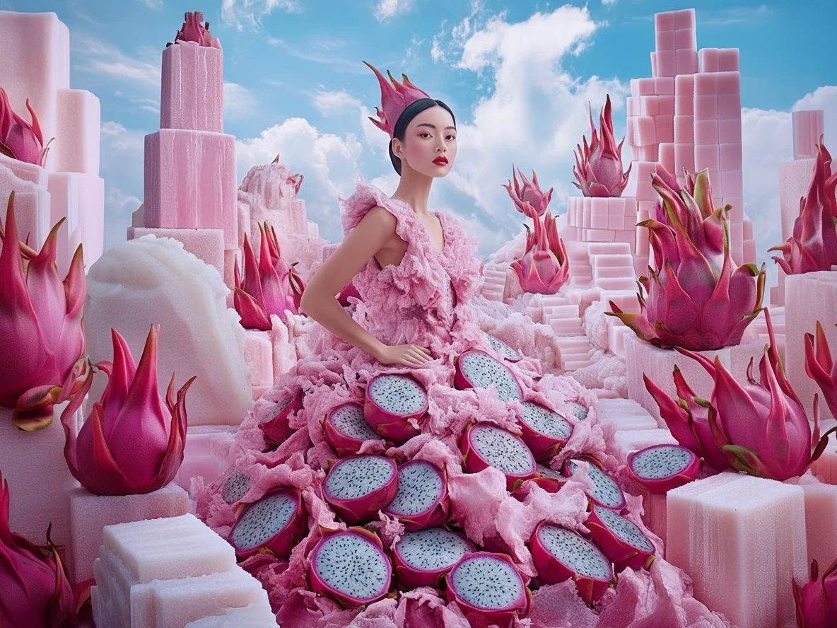 Сюрреалистичен принт за стена с азиатска жена в рокля от розови драконови плодове, заобиколена от плодове и захарни кубчета на синьо небе