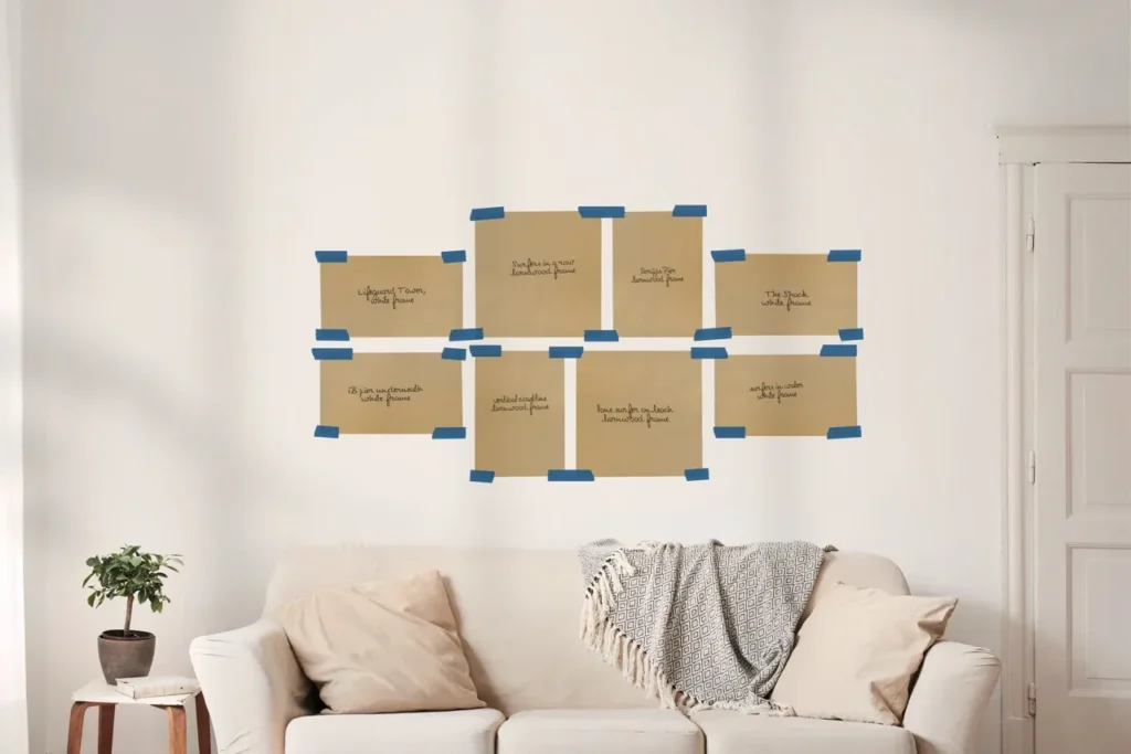 Планиране на галерийна стена с хартиени шаблони, залепени на стената