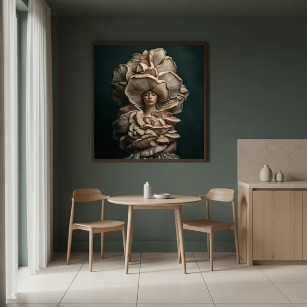 Сюрреалистичен принт за стена с жена в шапка от слоести кафяви гъби и печурки, тъмен фон, мистична фантазия портрет