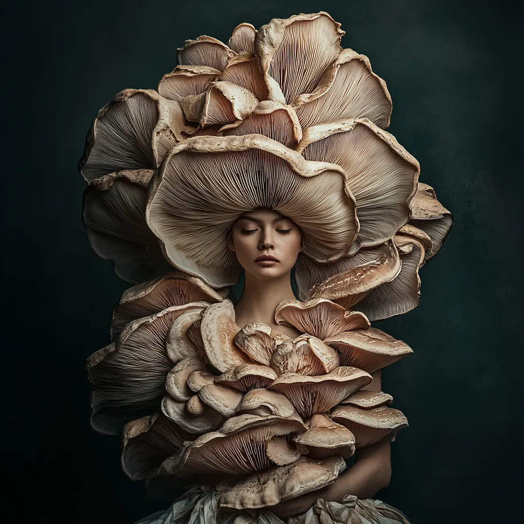 Сюрреалистичен принт за стена с жена в шапка от слоести кафяви гъби и печурки, тъмен фон, мистична фантазия портрет