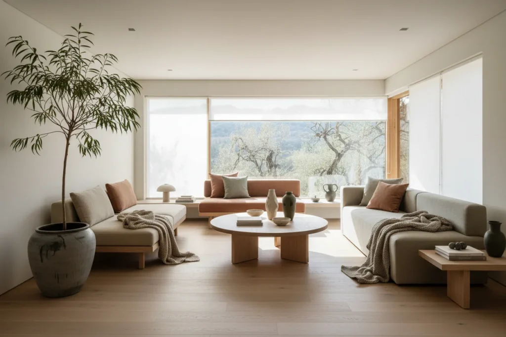 Japandi хол 2026: минималистичен, земен и спокоен интериор с голямо растение и естествена светлина