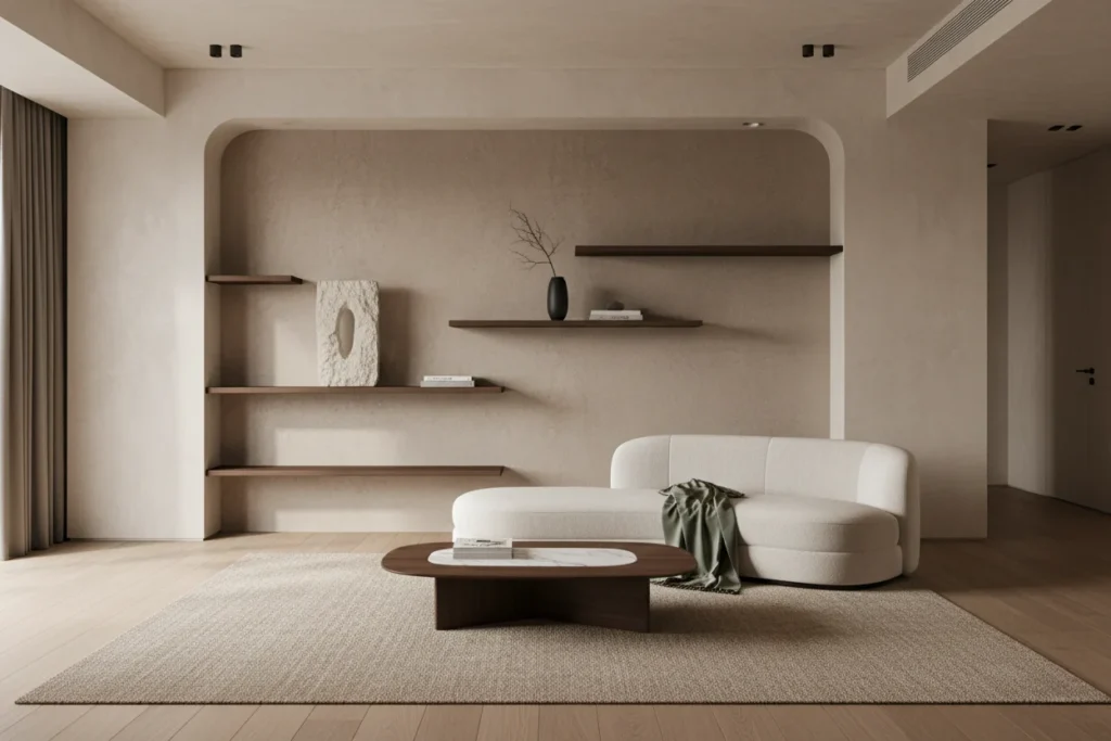 Органичен Japandi хол 2026 с закръглени мебели и земни тонове