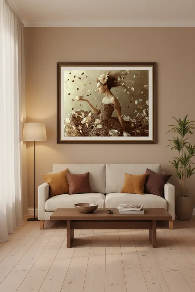 Сюрреалистична жена от кафеени зърна с плаващи зърна и чаша в топла дървена рамка с паспарту на бежова стена над диван, модерна всекидневна