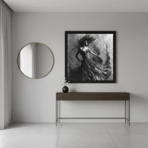 Сюрреалистичен черно-бял принт за стена с жена в рокля от преплетени корени и клони, текстуриран фон, органична фантазия