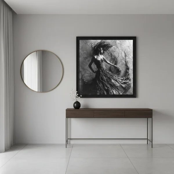 Сюрреалистичен черно-бял принт за стена с жена в рокля от преплетени корени и клони, текстуриран фон, органична фантазия