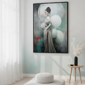 Сюрреалистичен принт за стена с жена в бяла рокля с червени акценти, заобиколена от бели балони в мъглив фон, мечтателен портрет