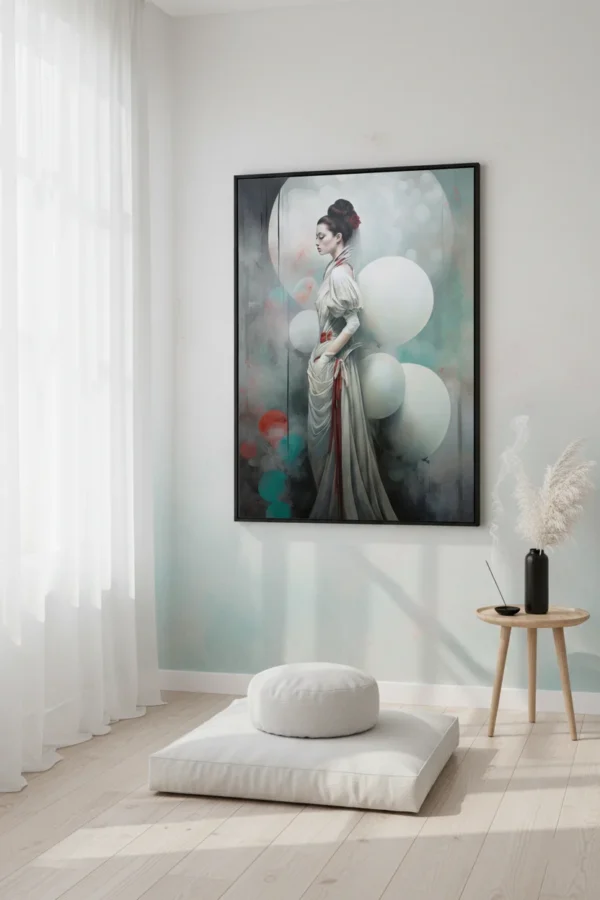 Сюрреалистичен принт за стена с жена в бяла рокля с червени акценти, заобиколена от бели балони в мъглив фон, мечтателен портрет