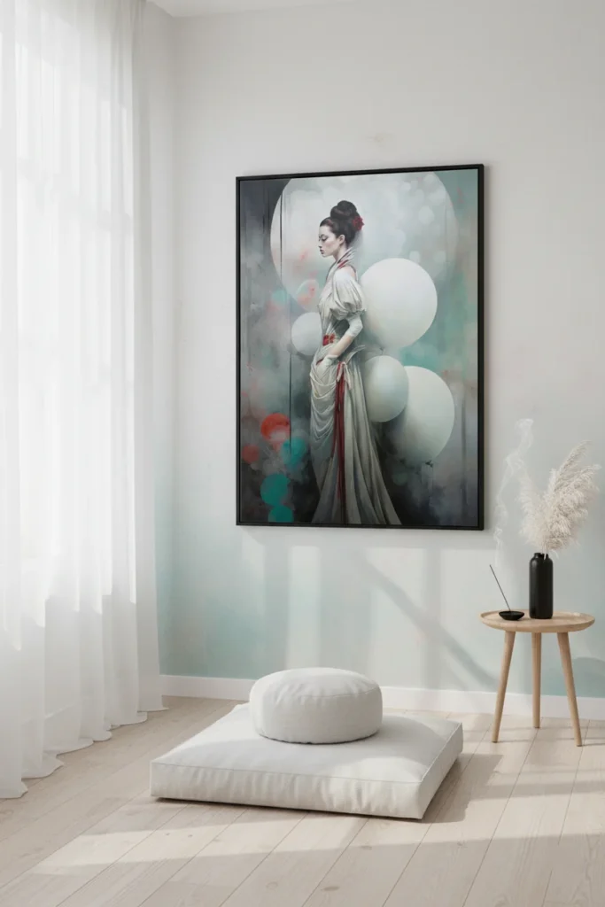 Сюрреалистичен принт за стена с жена в бяла рокля с червени акценти, заобиколена от бели балони в мъглив фон, мечтателен портрет