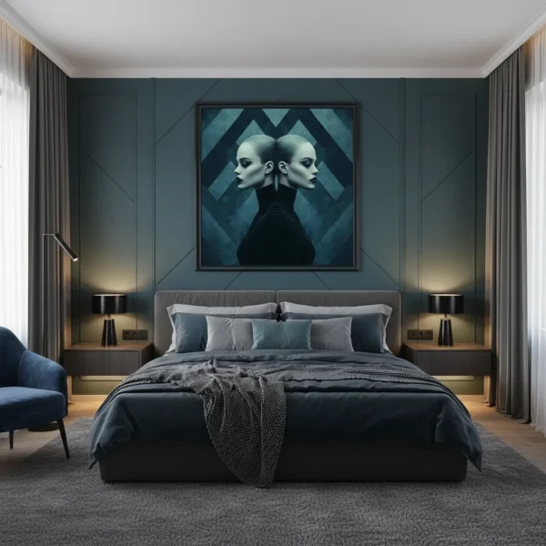 Сюрреалистичен принт за стена с две симетрични женски профили с бръснати глави, шеврон фон в тъмно синьо, дуалност портрет