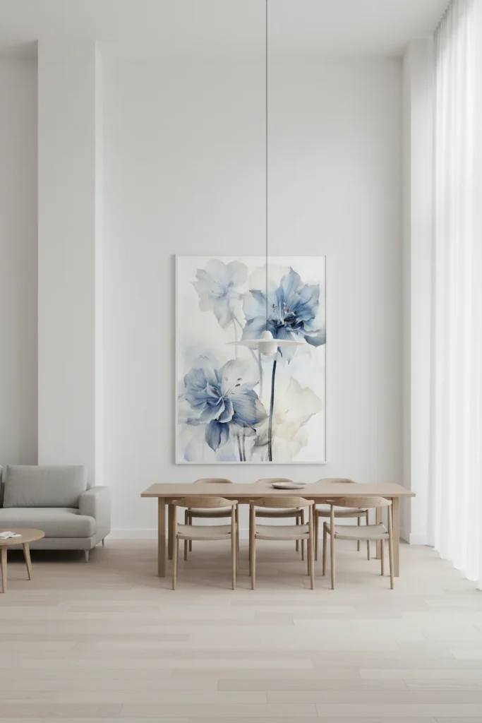 Минималистично изкуство с етерични сини цветя в мека акварелна техника