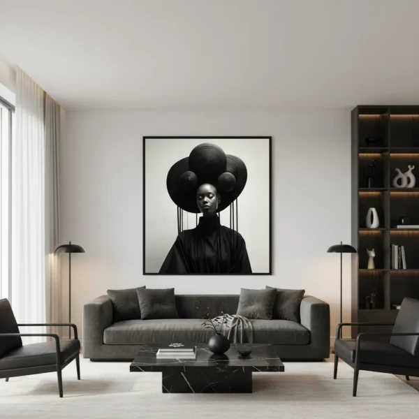 Сюрреалистичен принт за стена с африканска жена в огромна черна геометрична шапка от сфери и кръгове, монохромен тъмен стил