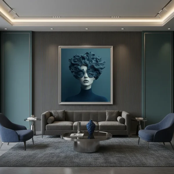 Сюрреалистичен принт за стена с жена в тъмносиня скулптурна маска и коса от вълни, дълбок тюркоазен фон, художествен портрет в реален интериор