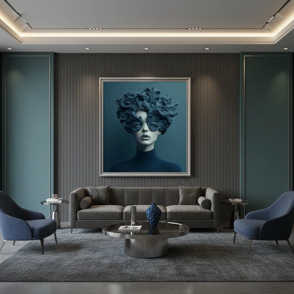 Сюрреалистичен принт за стена с жена в тъмносиня скулптурна маска и коса от вълни, дълбок тюркоазен фон, художествен портрет в реален интериор