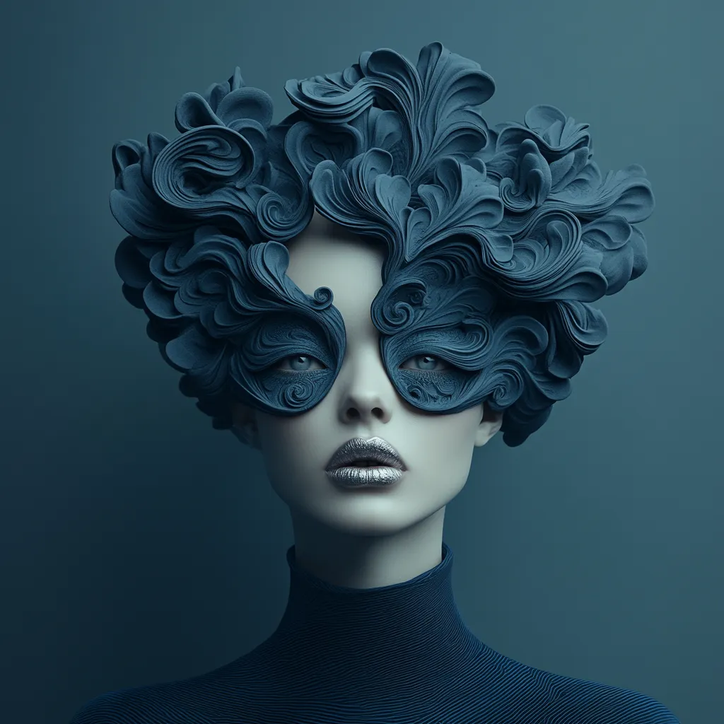 Сюрреалистичен принт за стена с жена в тъмносиня скулптурна маска и коса от вълни, дълбок тюркоазен фон, художествен портрет
