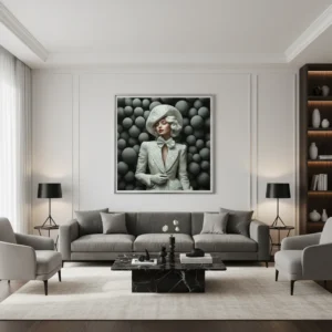 Сюрреалистичен принт за стена с жена в бяло сако с точки, шапка и лък, заобиколена от сиви текстурирани сфери, моден портрет