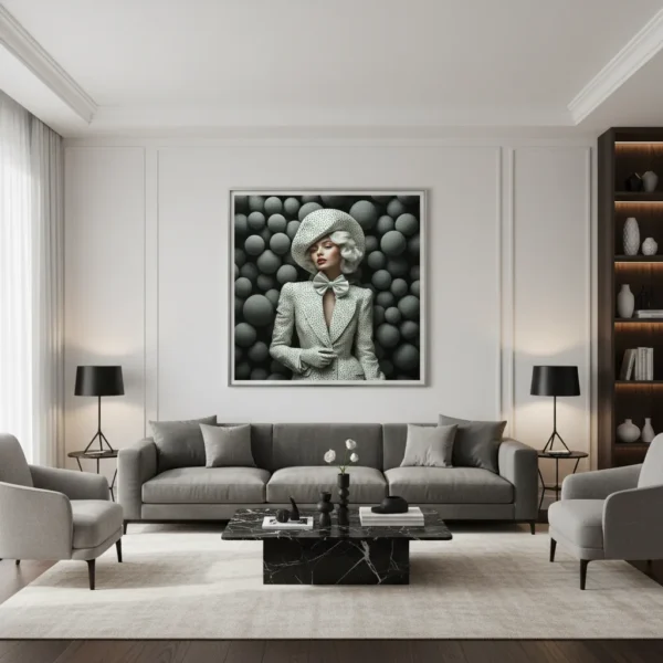 Сюрреалистичен принт за стена с жена в бяло сако с точки, шапка и лък, заобиколена от сиви текстурирани сфери, моден портрет