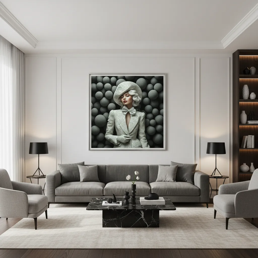 Сюрреалистичен принт за стена с жена в бяло сако с точки, шапка и лък, заобиколена от сиви текстурирани сфери, моден портрет