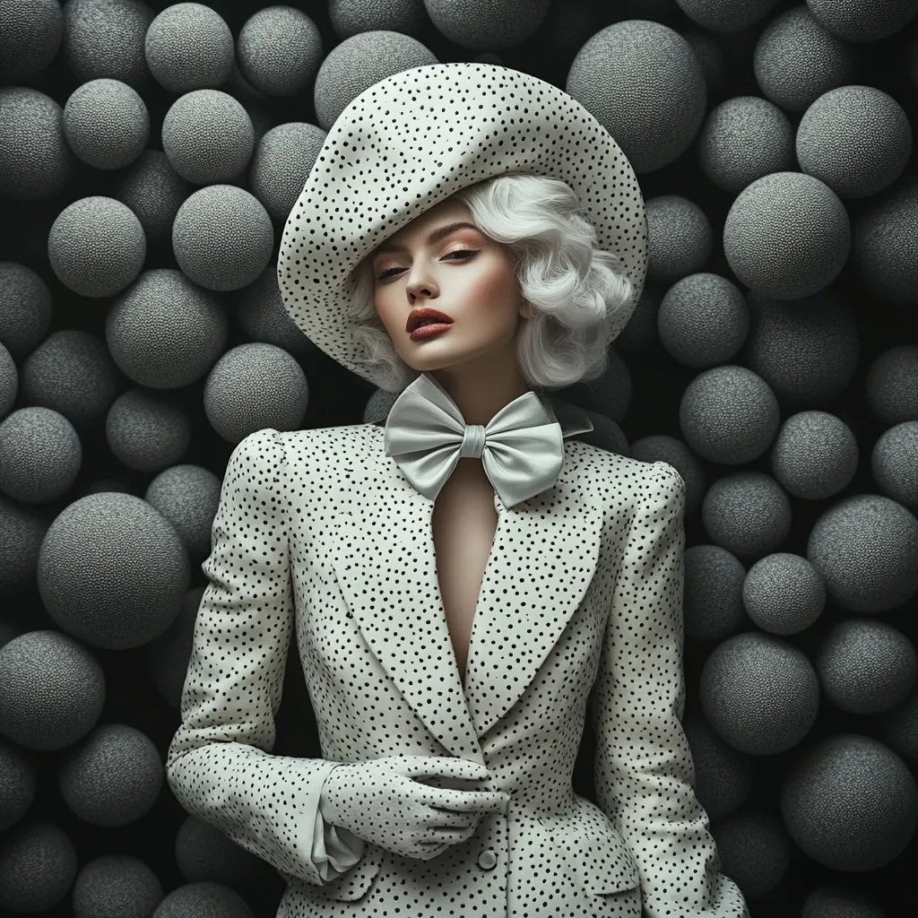 Сюрреалистичен принт за стена с жена в бяло сако с точки, шапка и лък, заобиколена от сиви текстурирани сфери, моден портрет