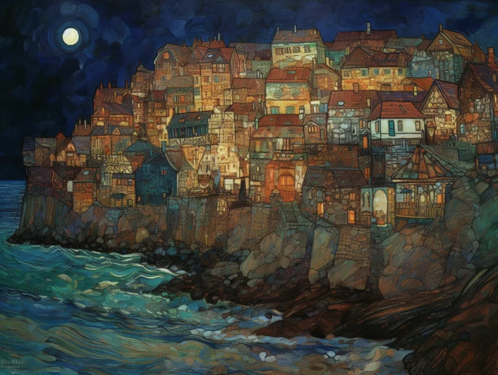 Картина градски пейзаж с Нощен морски пейзаж със селце върху скали и ярка луна над тъмното море принт постимпресионизъм