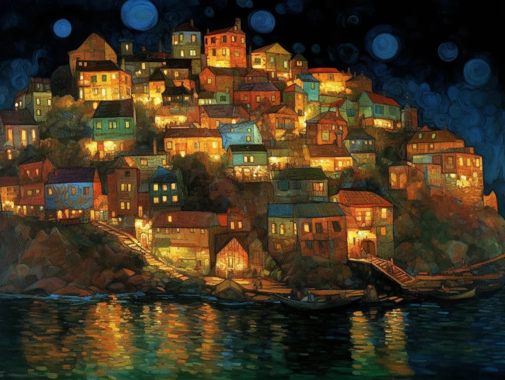 Картина градски пейзаж с нощен крайморски град върху хълм, с топли светлини и отражения във водата принт постимпресионизъм