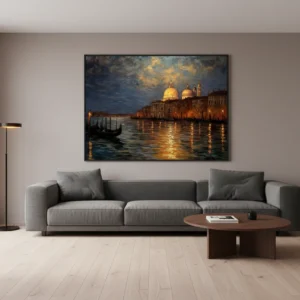 Визуализация в хол на Картина с гондоли в канал на Венеция по здрач, със светещи сгради и драматично небе.