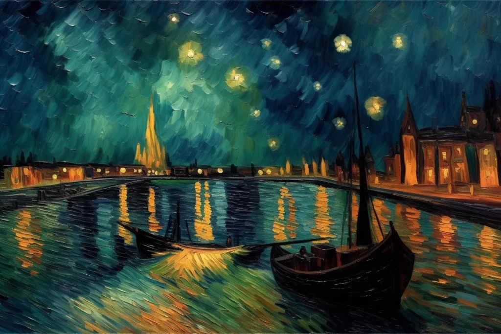 Картина градски пейзаж с нощен канал с две лодки, светещи сгради и звездно, вихрено небе принт постимпресионизъм