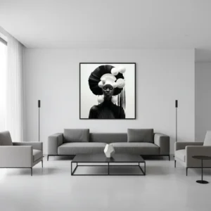 визуализация в хол на принт за стена - концептуален портрет на женсйа фигура с тъмна кожа и бял скулптурен хедпийс и черно плисирано облекло в минималистична композиция.