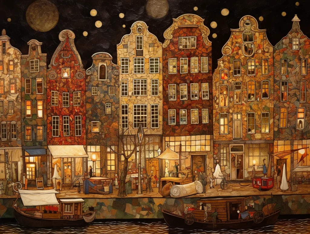 градски пейзаж с нощна градска сцена с канали, високи къщи и светещи прозорци в топли цветове принт постимпресионизъм