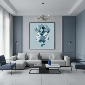 визуазация на принт за стена с двойнствен женски портрет в профил, преплетен с геометрични сини форми и ромбове, концептуална авангардна композиция в студени тонове.